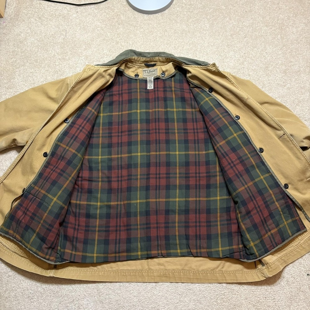 Vtg LL Bean Jacket XXL Beige Canvas Plaid Lined Field Barn Chore Coat Distressed - Picture 2 of 16